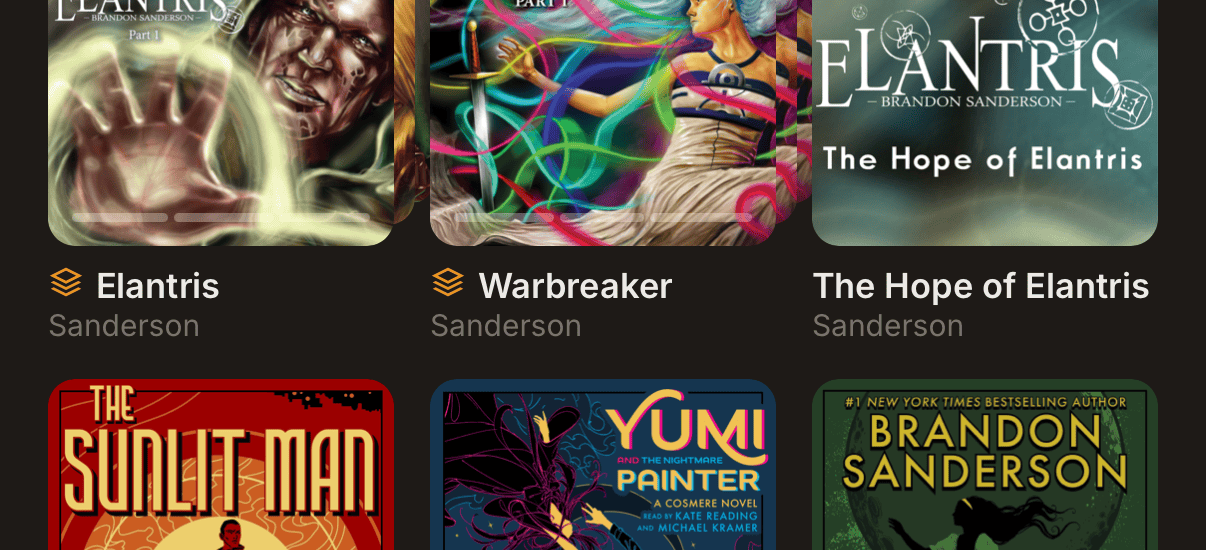The Liberra library — Brandon Sanderson audiobooks with cover art and multi-part sets